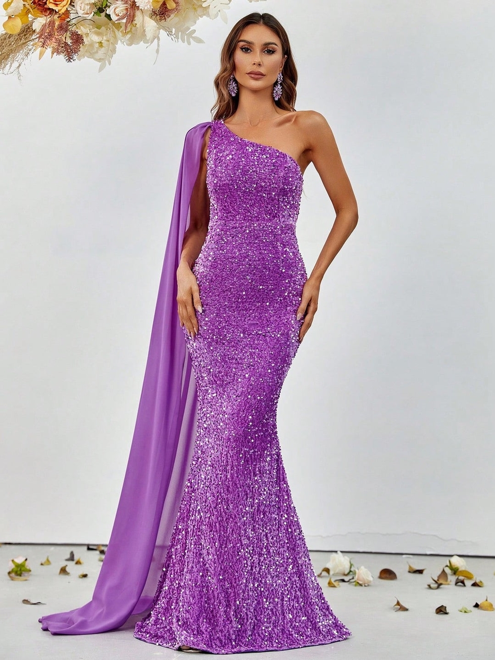 Faeriesty One-Shoulder Purple Sequin Prom Gown with Draped Cape